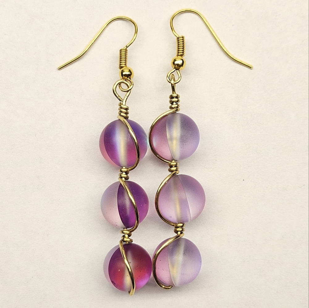 Pink Glass Wire Wrapped Beaded Earrings